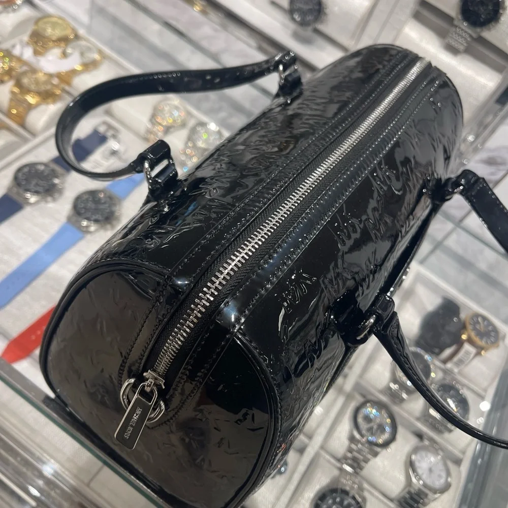 MICHAEL KORS Jet Set Medium Patent Logo Debossed Duffel Crossbody Bag Silver NWT